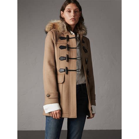 burberry faux fur single breasted jacket|Burberry camel duffle coat.